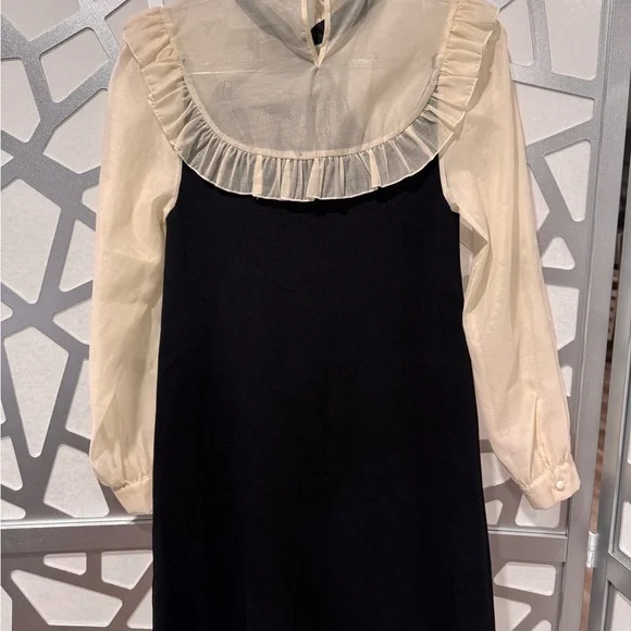 Zara Elegant Black and Cream Long Sleeve Dress - Picture 3 of 9